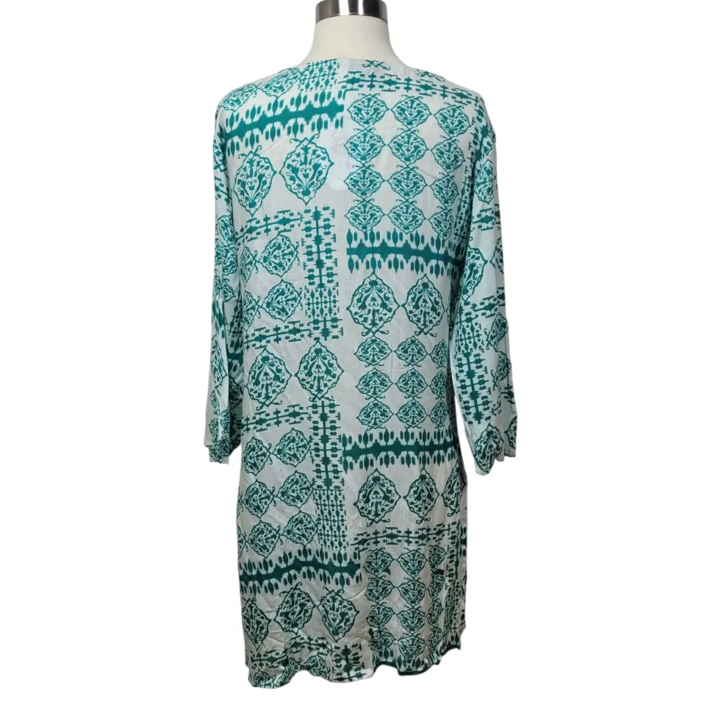 Ace Fashion White Green Beaded V Neck Tunic Cover Up Dress S Boho Resort Wear - Image 4