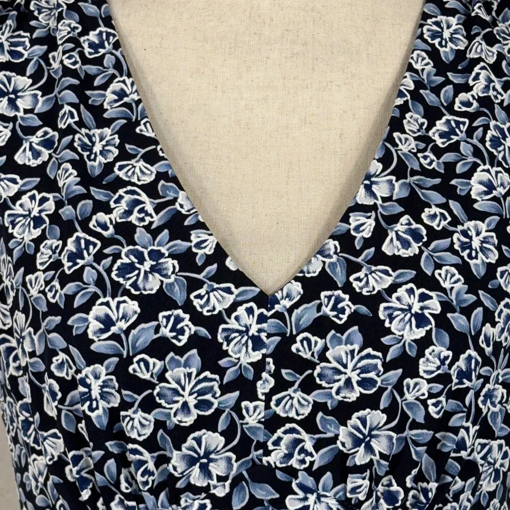 Perceptions NY SZ 8 A-Line Midi Dress Floral Cap Sleeve Empire Waist V-Neck Blue - Image 2