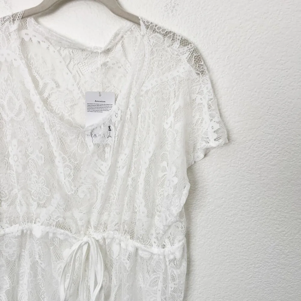 [Costyleen] White Fringe Hem Scoop Neck Sheer Beach Swim Coverup NWT Sz Medium M - Image 6