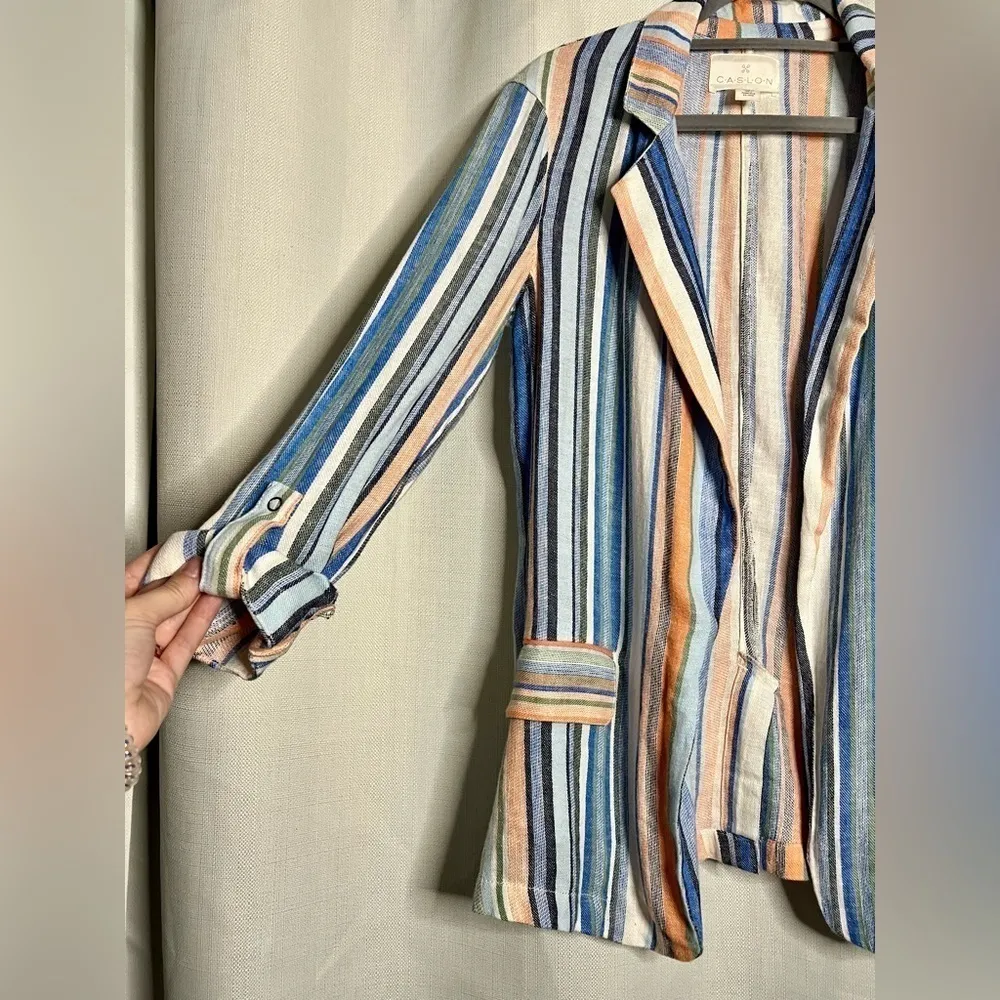 Caslon Linen Blue and Coral Striped Boyfriend Blazer XS - Image 5