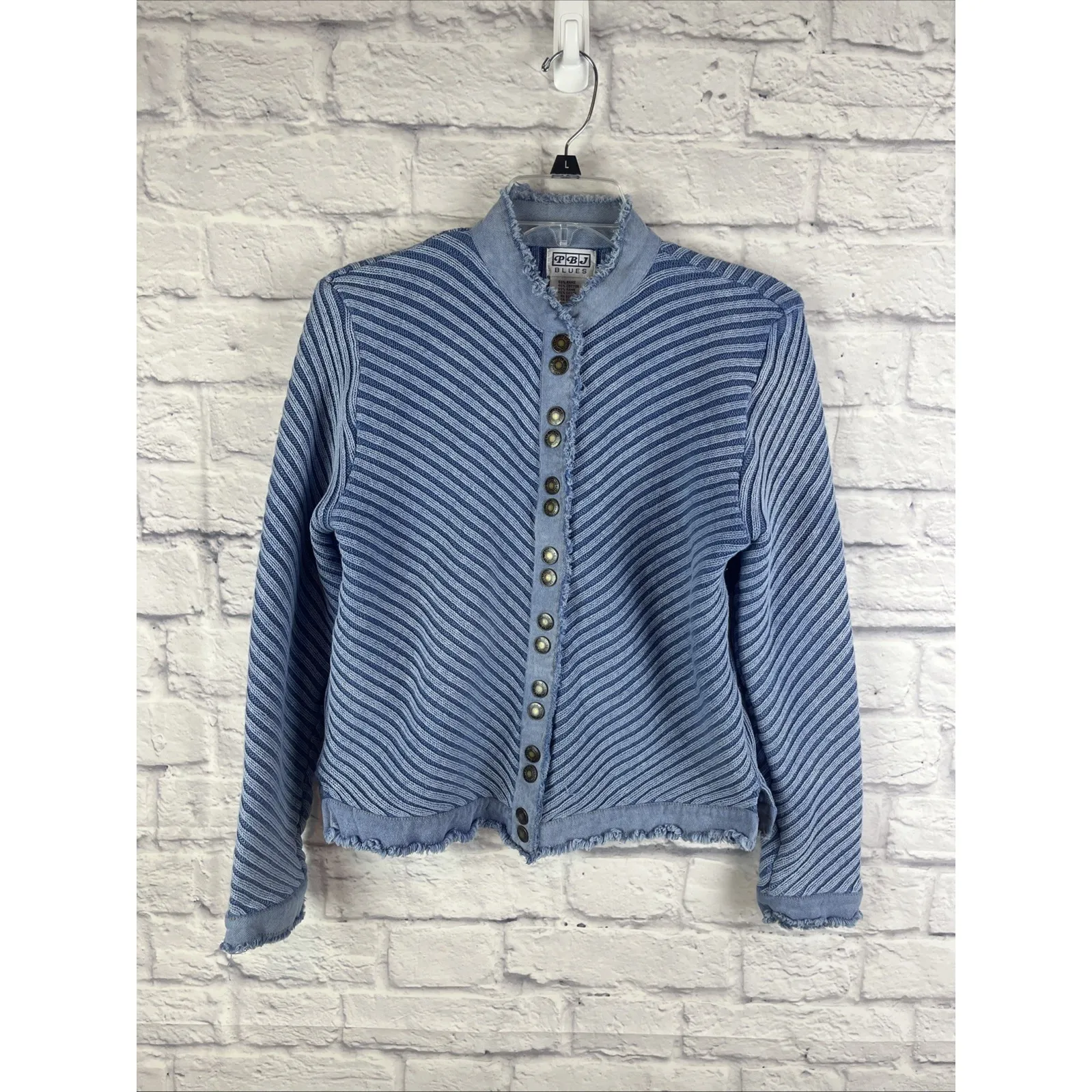 PBJ Blues Artsy Boho Festival Diagonal Stripe Snap Sweater Jacket Size Large Blue - Image 12