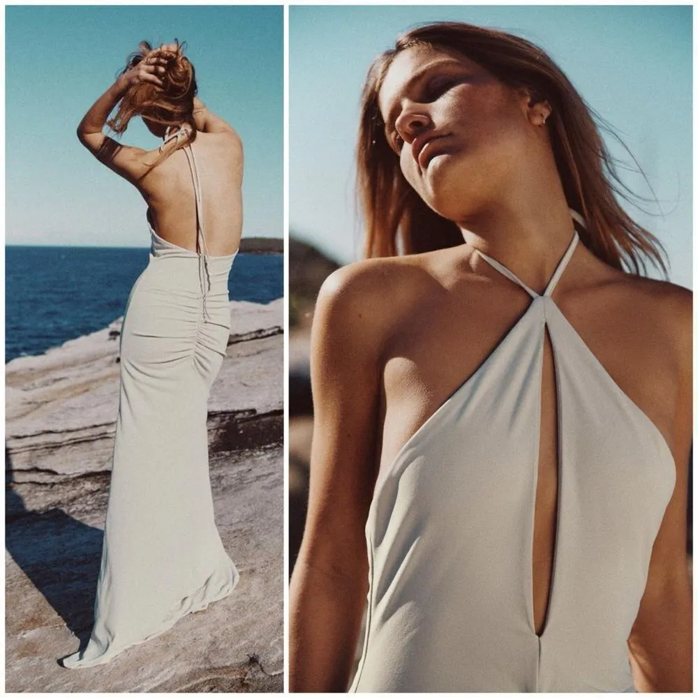 NEW Zara LONG Ruched Keyhole DRAPED HALTER Maxi DRESS Gown Size XS - Image 2