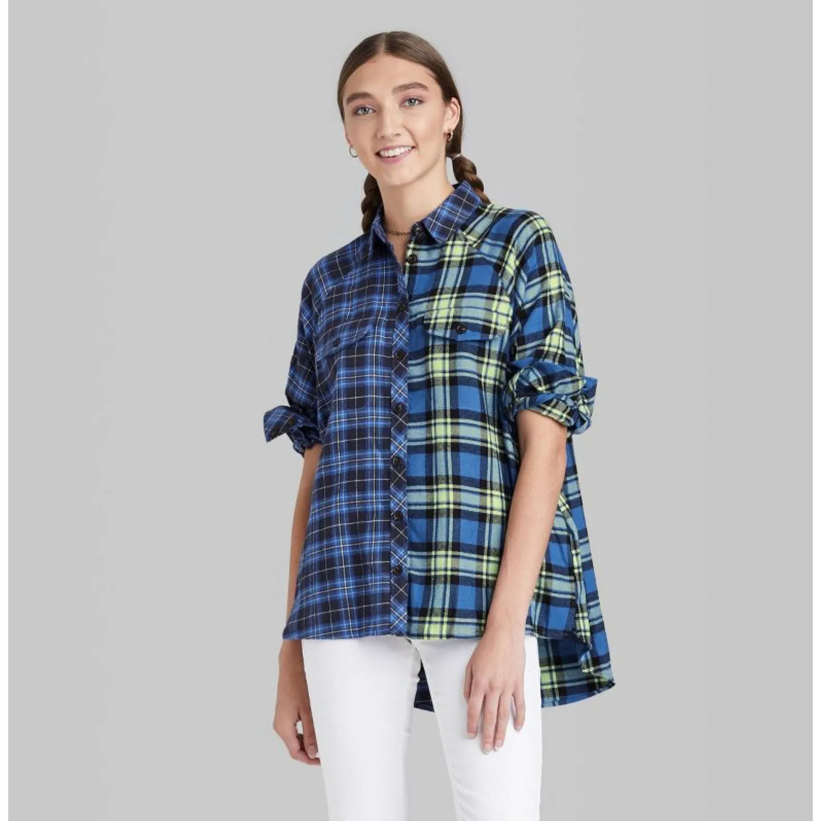 Wild Fable Womens Juniors‎ Shirt M Spliced Blue Plaid Flannel Tunic Pockets NEW - Image 2