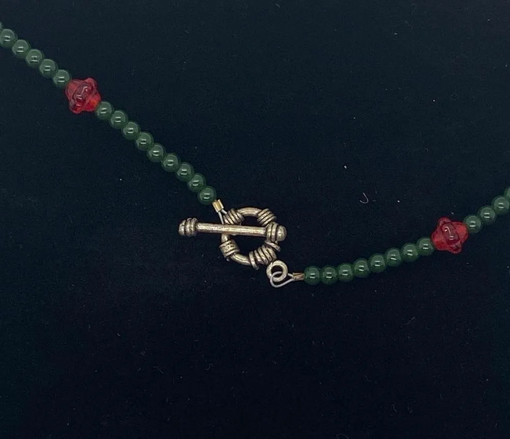Floral Blue Bead with Red & Green Accents Beaded Necklace - Image 4