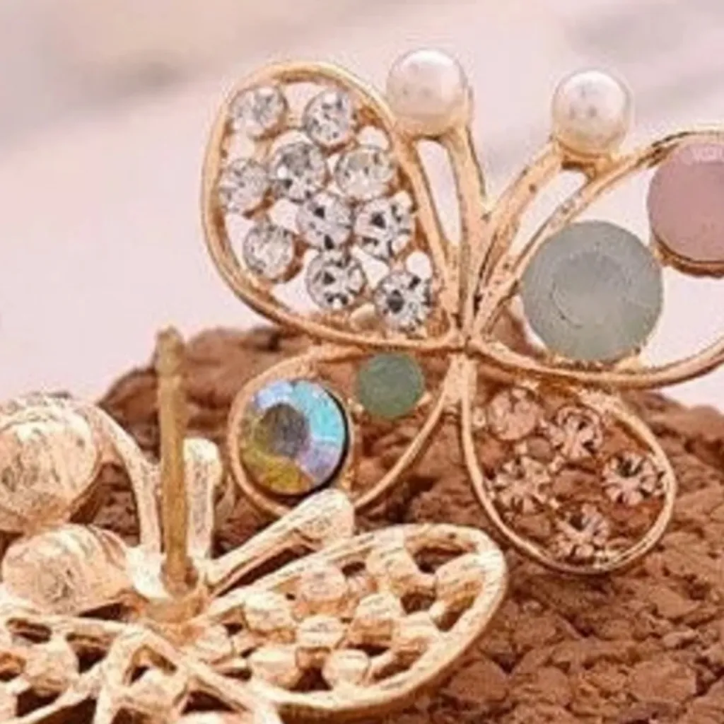 Multicolor crystal Butterfly Stud Earrings goldtone Pink - Image 2