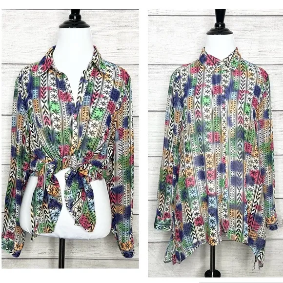 Retro Vintage 90’s Colorful Pattern Semi Sheer Button Up Shirt Size Medium - Image 2