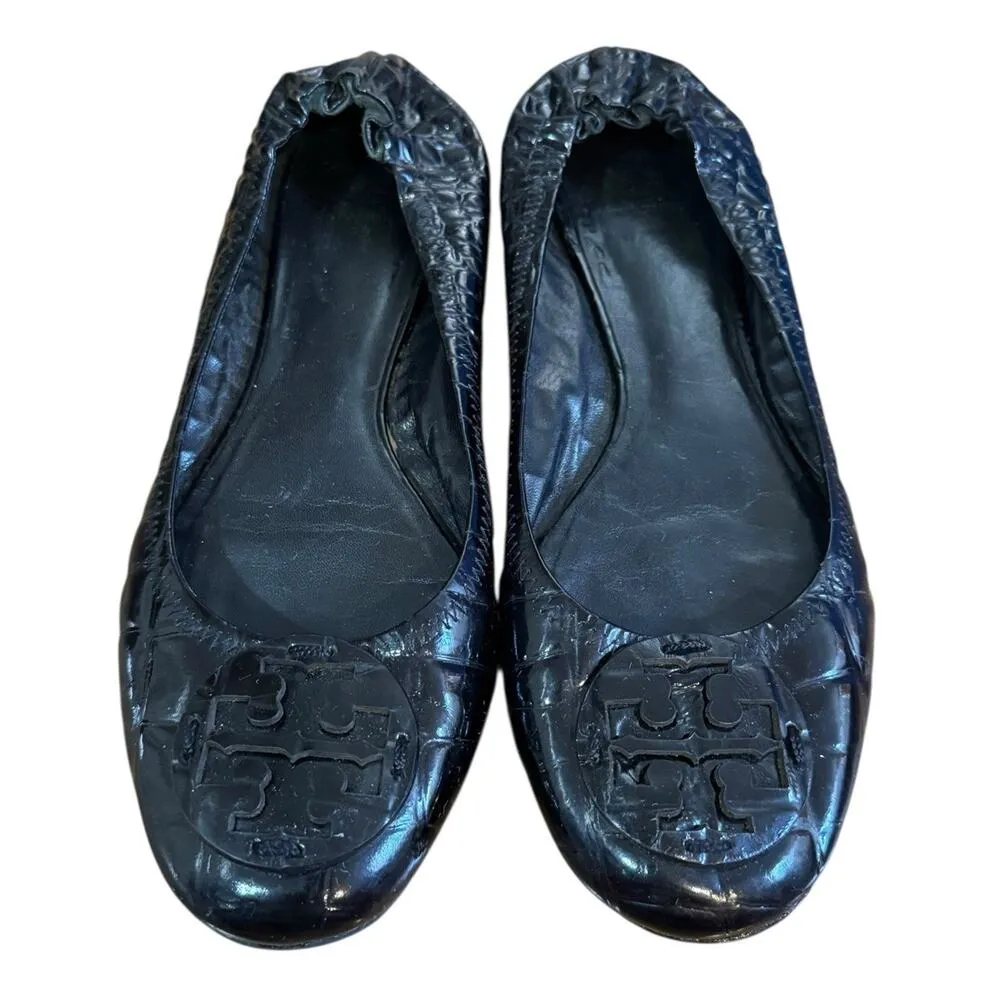 TORY BURCH Reva Black Leather Croc Print Ballet Slip On Flats Scrunch Back 11M - Image 3