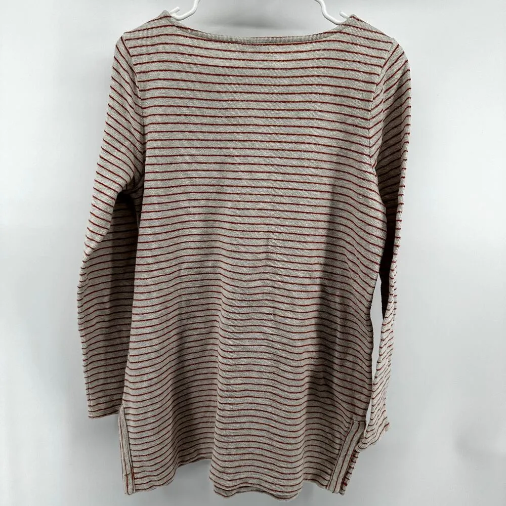 J. Jill Striped Long Sleeve Top Bateau Neck Side Slit Terry Cotton White Medium Orange - Image 5