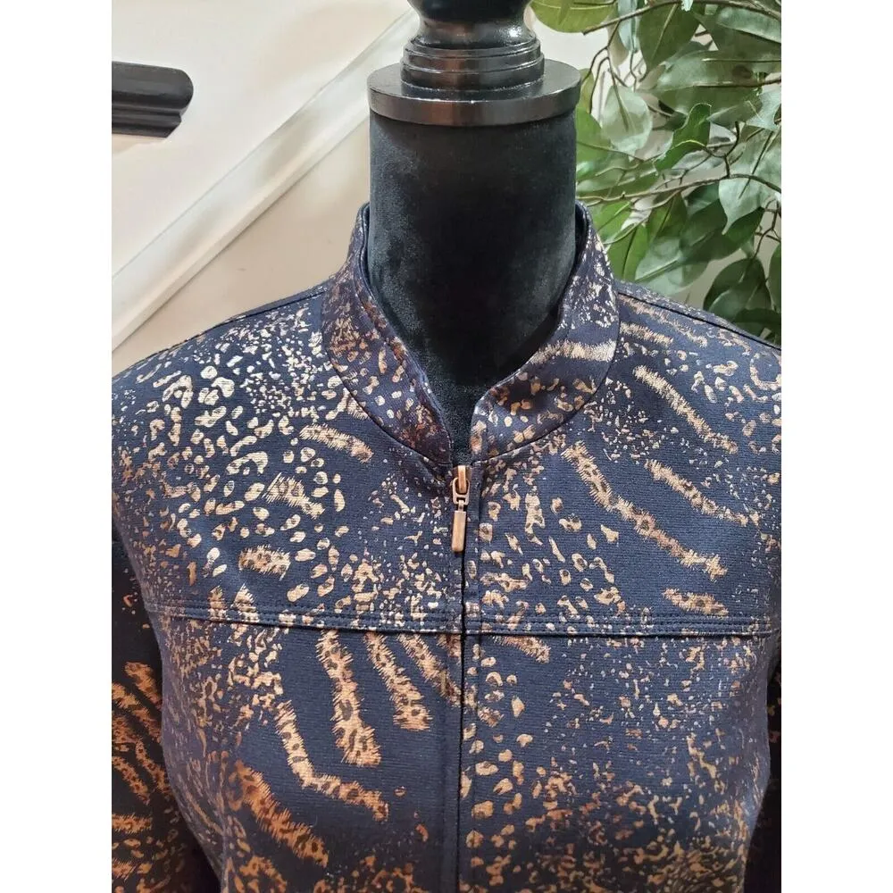 Alfred Dunner Navy Metallic Gold Mandarin Long Sleeve Full Zip Jacket Size 16 - Image 2