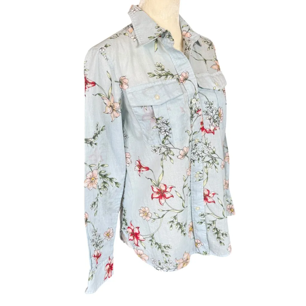Women's light blue floral long sleeve collared button down blouse shirt - Image 2