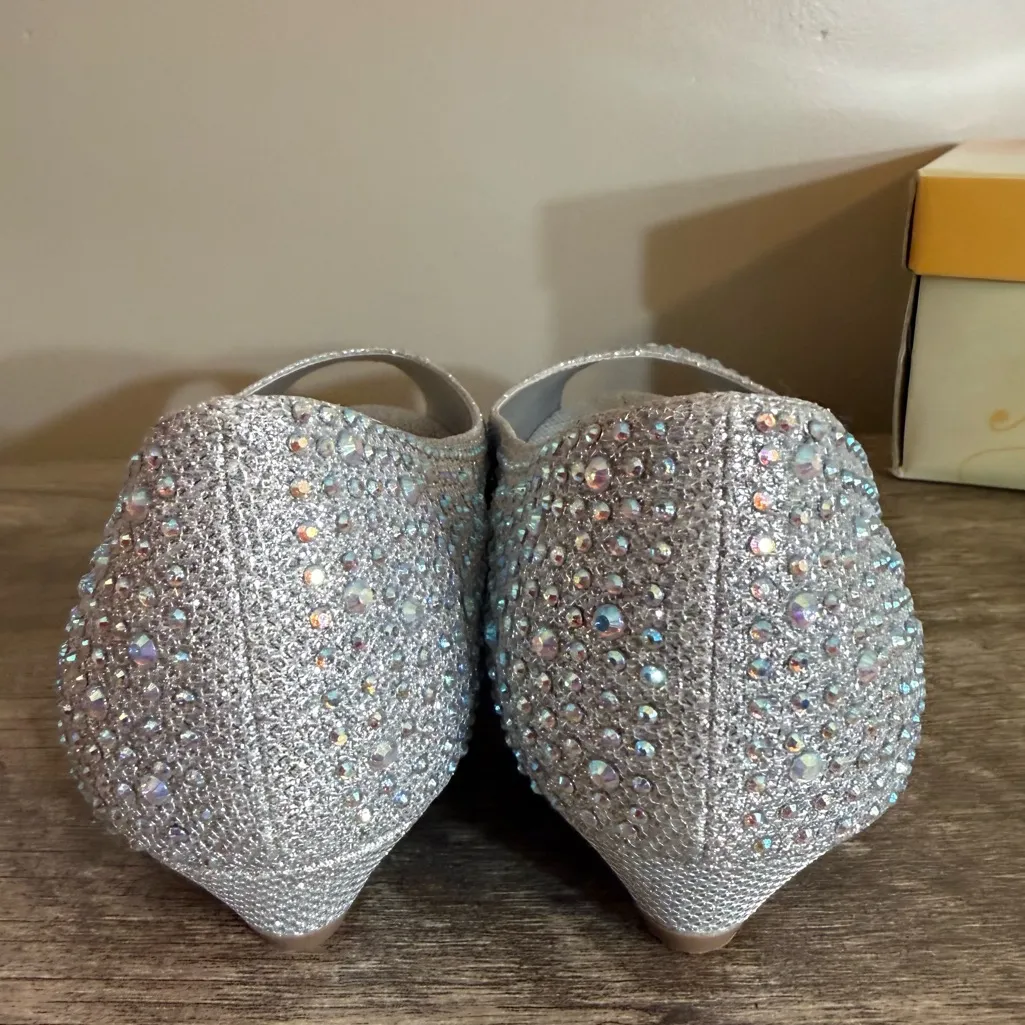 Michaelangelo David’s Bridal Silver Rhinestone Wedge Peep Toe Dress Shoes Sz 11 - Image 8