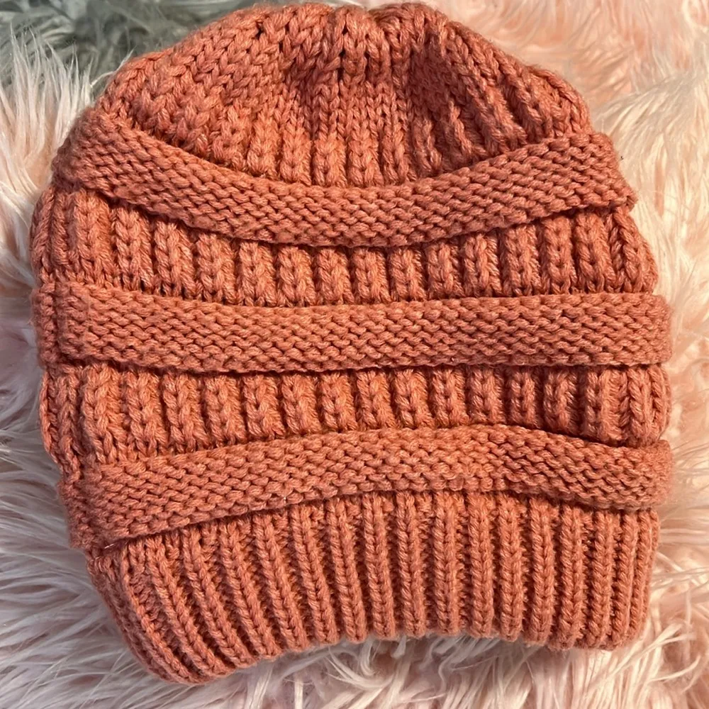 Crochet Winter Beanie Ski Cap Cable Knit Pink Blush Hat Womens Coral Tobaggan - Image 2