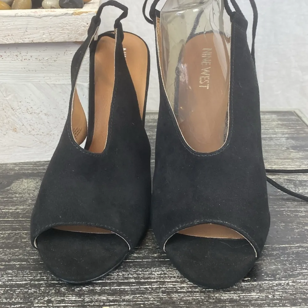 Nine West Black Suprgal GD Suede Ankle Wrap Peep Toe Heel Shoes 7.5 - Image 2