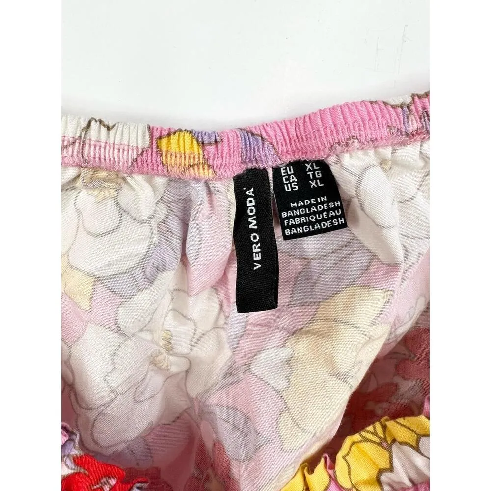 Vero Moda Pink Floral Print Puff Sleeve Tie Front Crop Blouse Size XL - Image 8