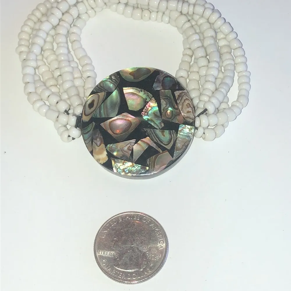 White Seed Beads Abalone Shell Beaded Boho Stretchy Multi Strand Bracelet - Image 4