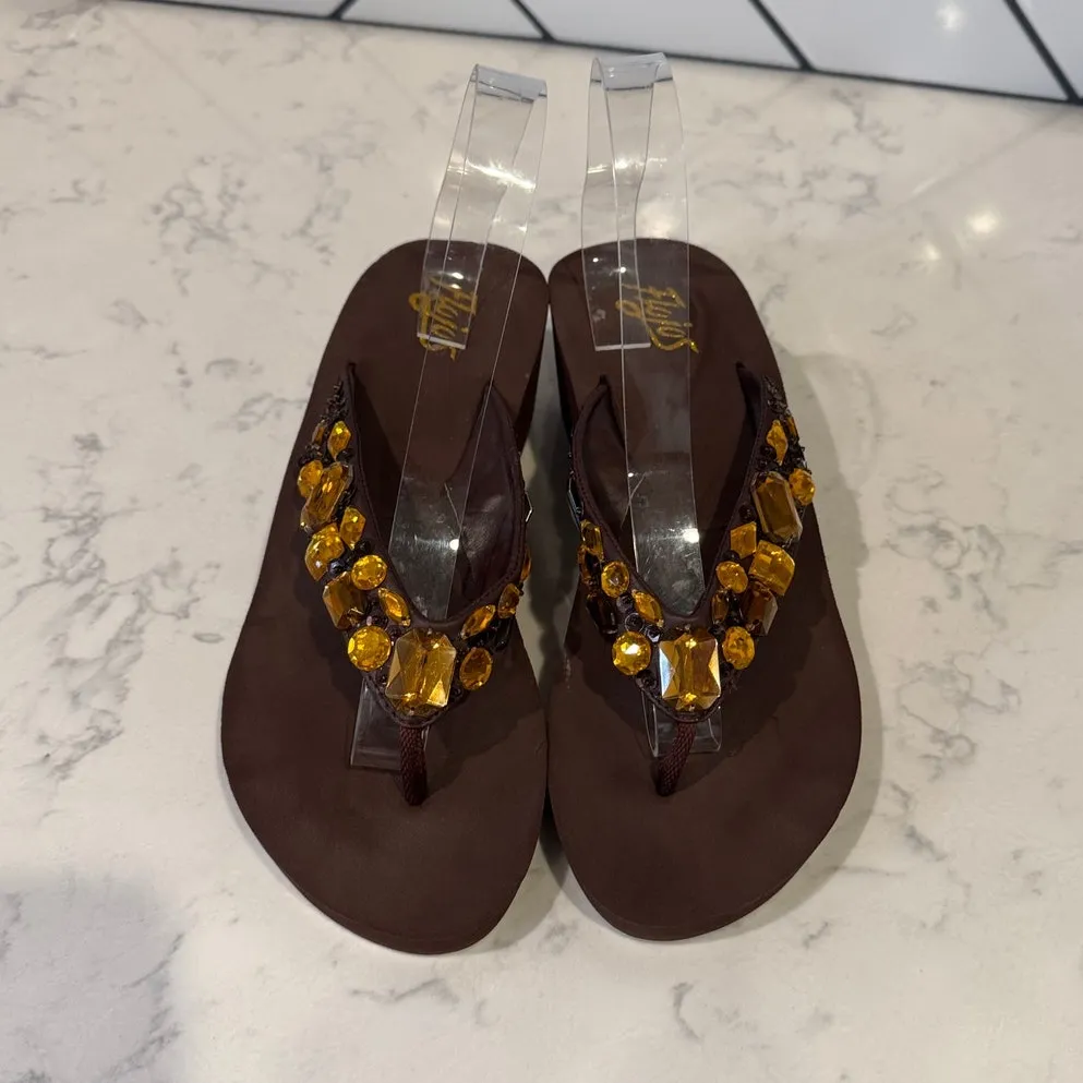 Y2K flojos Brown embellished faux gems platform wedge sandals size 10 baddie - Image 4