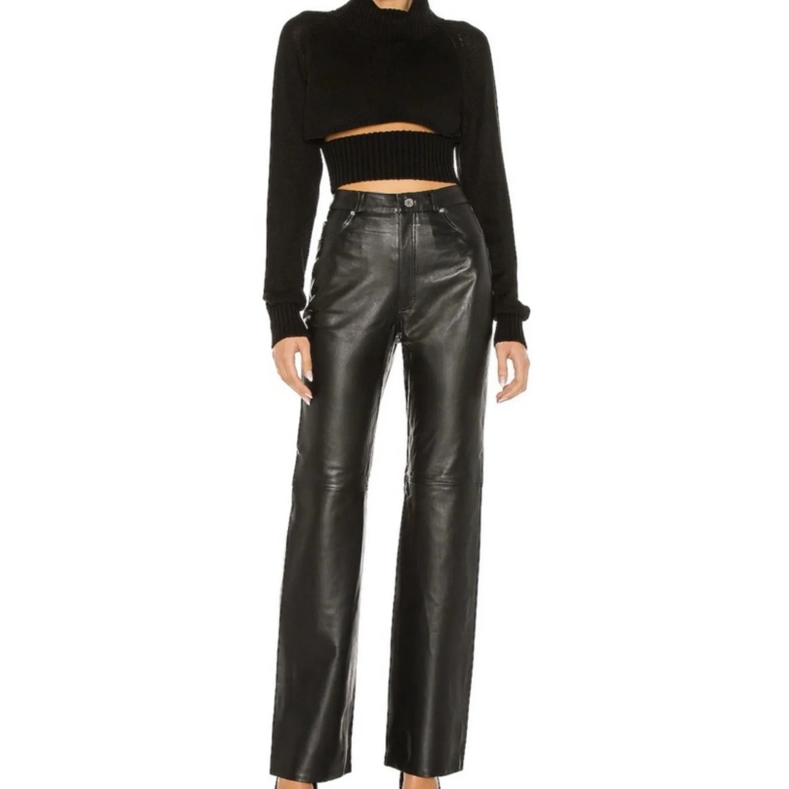 L’Académie Black Leather Straight Leg Pants Women’s XL 100% Leather NWT - Image 3