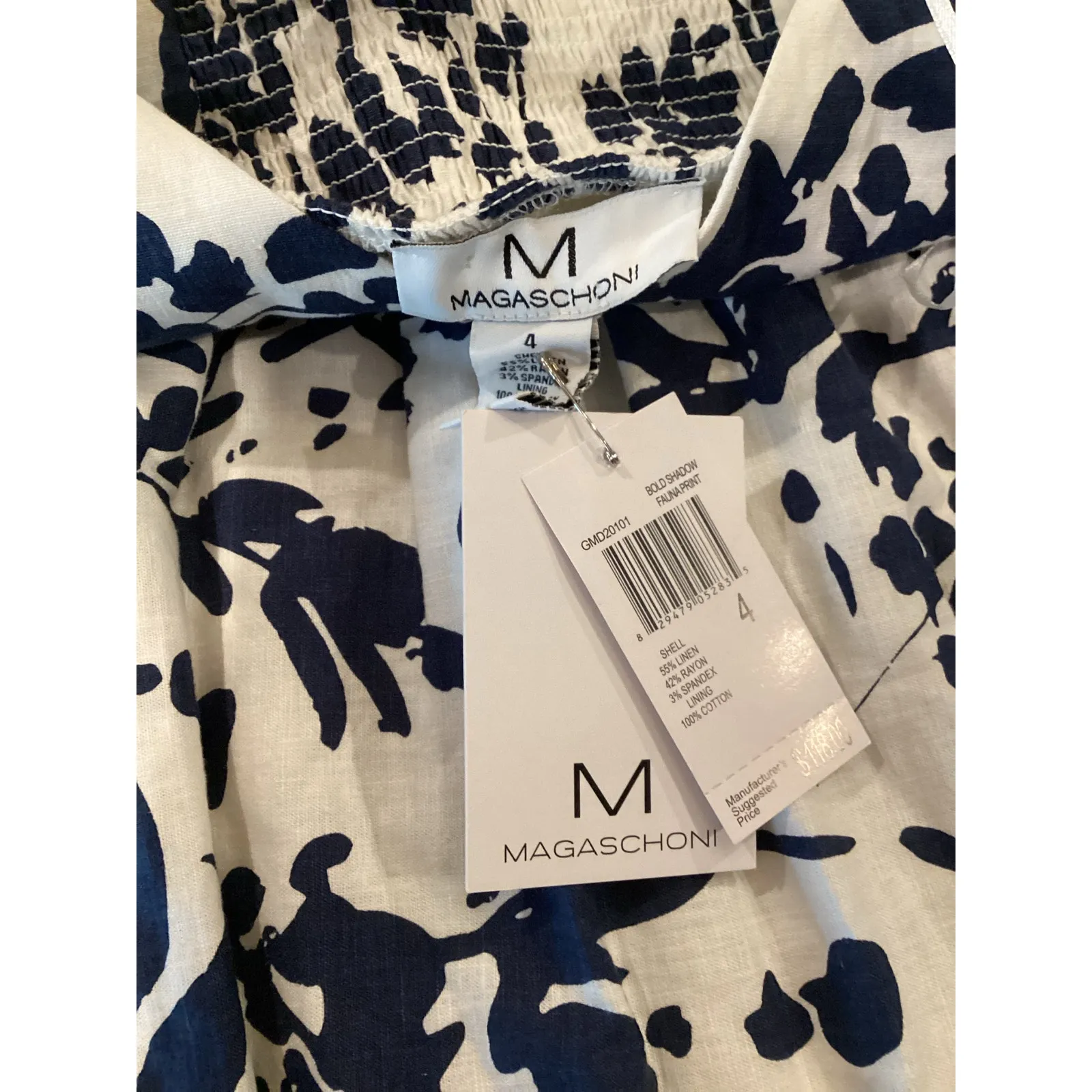NWT Magaschoni Womens Bold Shadow Fauna Floral Linen Midi Dress Blue White - Image 3