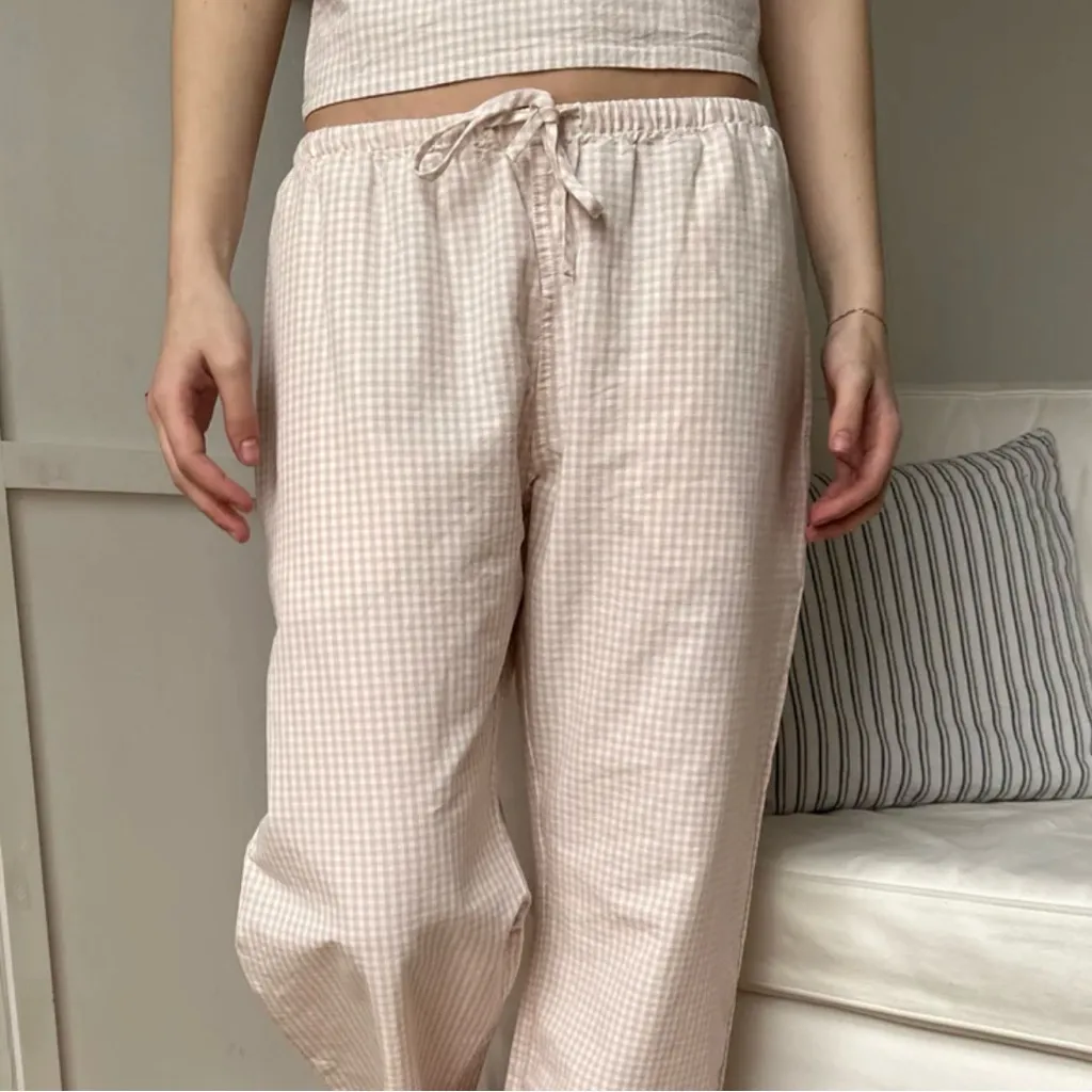 Brandy Melville Wide leg white and pastel pink plaid pants - Image 2