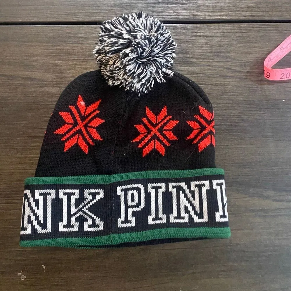 Victoria's Secret PINK Logo Snowflakes Pom Pom Beanie Winter Hat Red Black New - Image 3