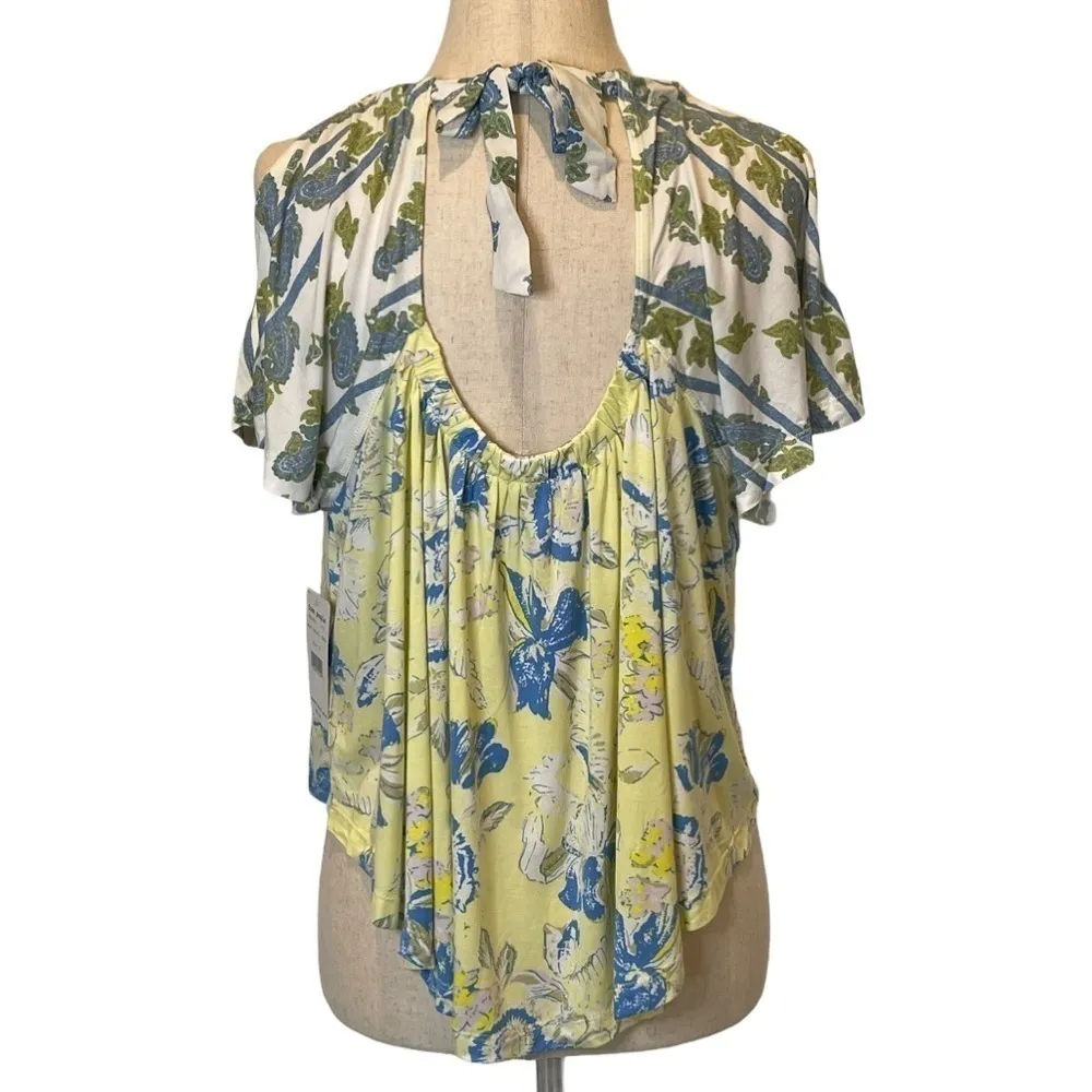 Free People Yellow Baja Babe Printed Cold Shoulder Short‎ Sleeve Top Size XS - Image 7