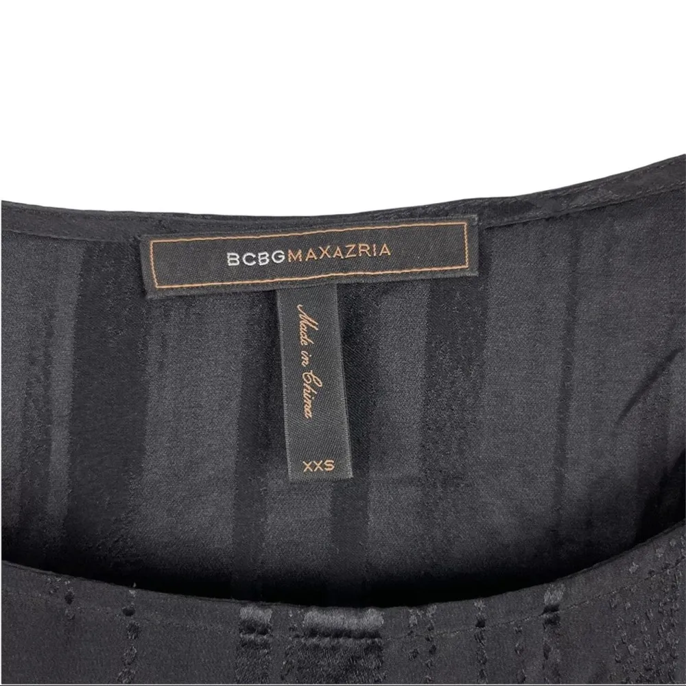 BCBGMAXAZRIA Black Silk Ruffle Blouse Top Beaded Fringe with Shinny Stripes  XXS - Image 11