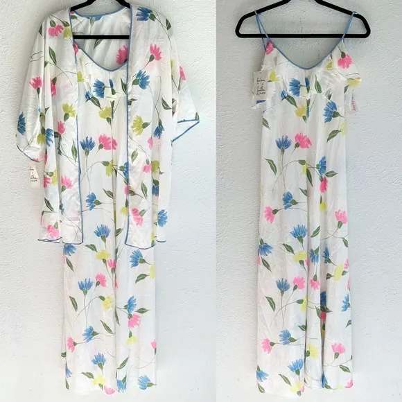 Vintage Claire Sanders by Lucie Ann Maxi Nightgown & Robe Floral Set NWT Small White - Image 2