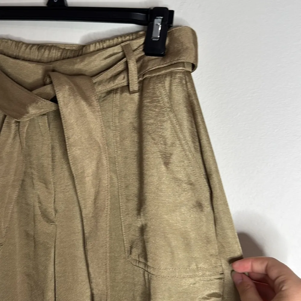 Express New Women’s Cargo Tie Waist Cropped Pants Mustard Satin Sheen Sz 0 Short - Image 5