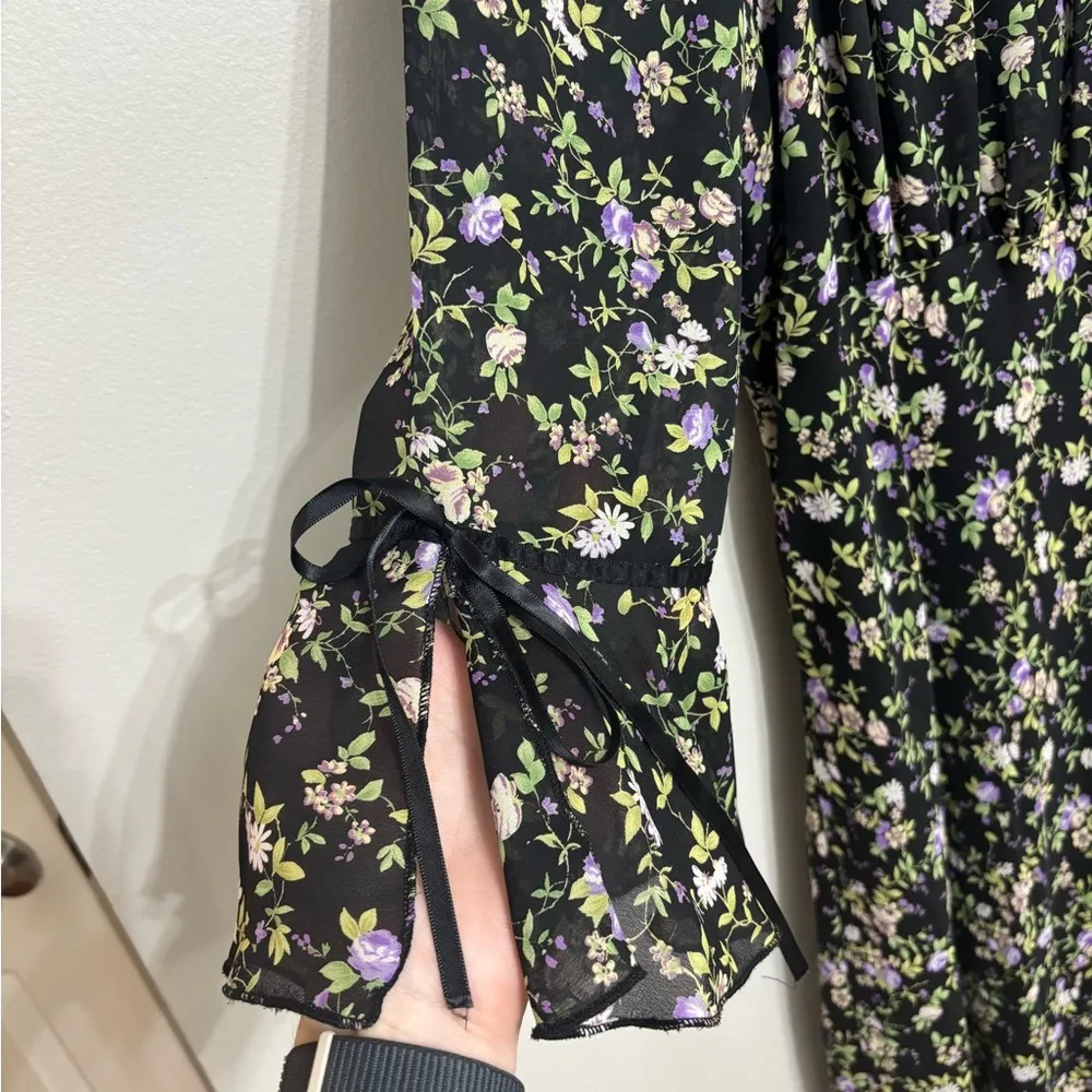 Vintage Dark Micro Floral Whimsigoth Flutter Sleeve Midi Dress - Size 14 - Image 5