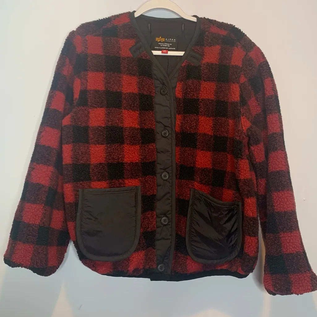 Alpha Industries Sherpa Utility Liner Jacket Red Black Plaid Check - Image 3