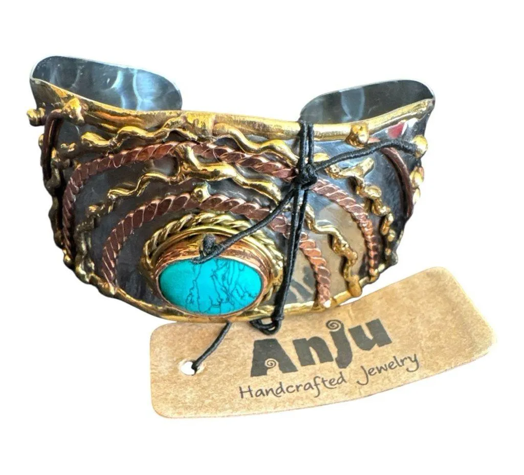 Mixed Metal Cuff Bracelet Adjustable Turquoise Stone Anju Janya Collection NEW - Image 2