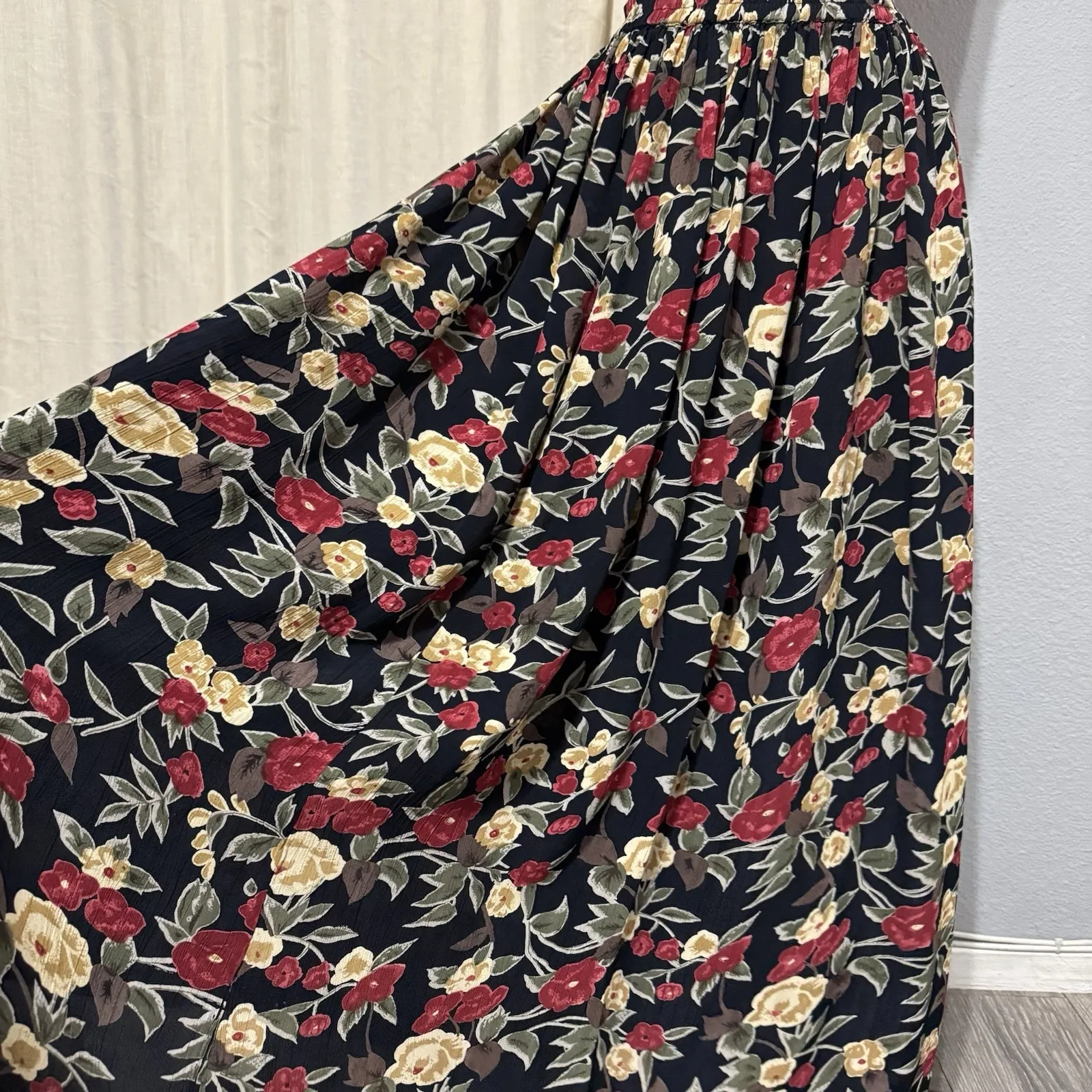 Orvis Floral Maxi Skirt XL Cottage Bohemian Artsy Peasant Granny Crinkle Dark - Image 6