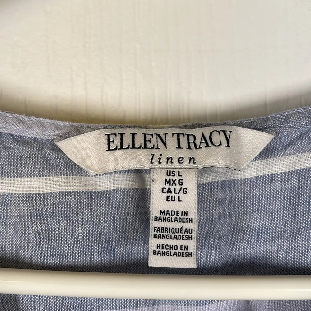 Women's Ellen Tracy Blue White Striped Folded Sleeves Pockets Linen Blouse Large - Image 8