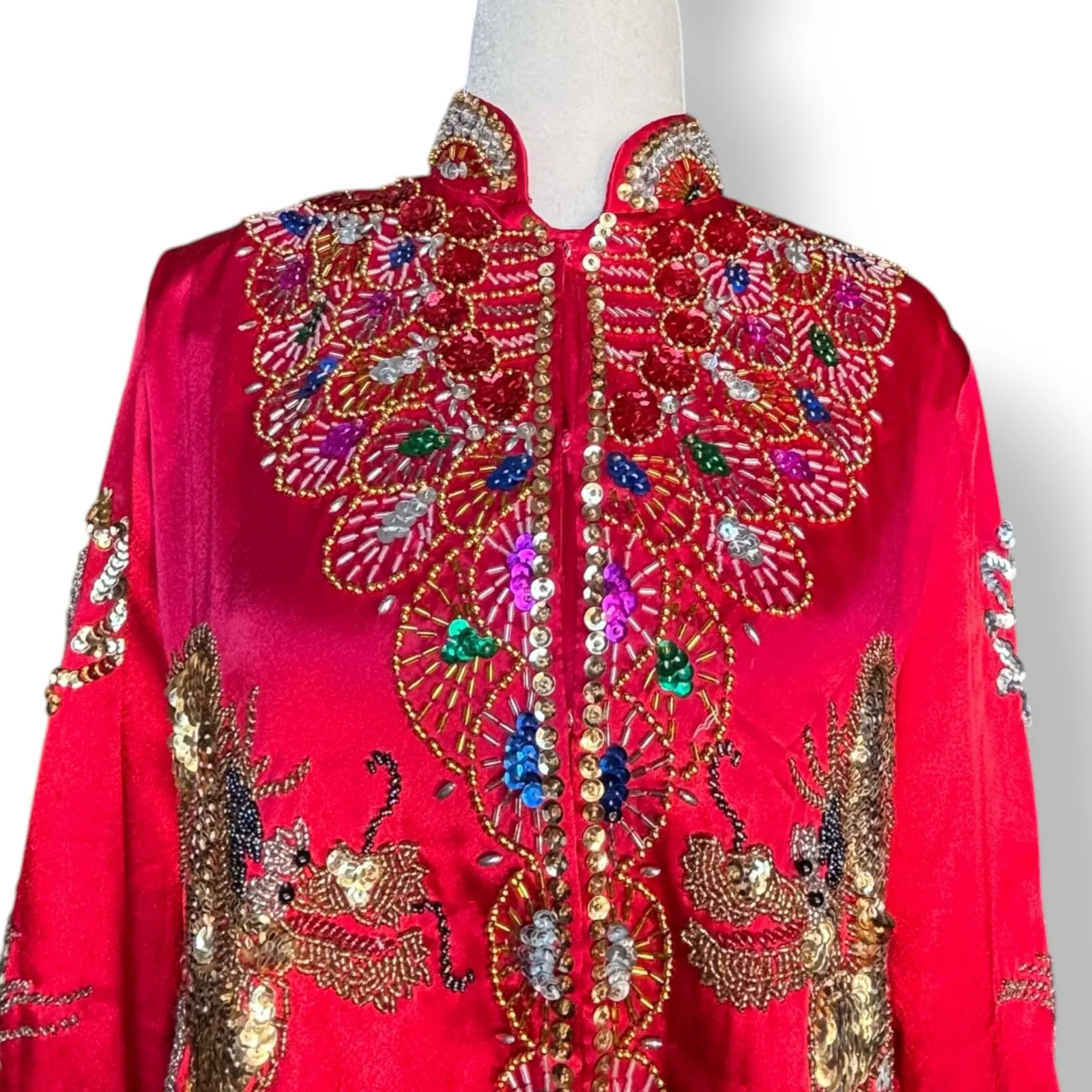 Vintage Red Dragon Phoenix Beaded Silk Asian Jacket Hand Embellished 80s 90s - Image 3