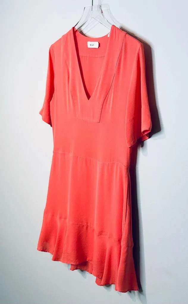 A.L.C. Delaney Salmon Coral Pink Peach Silk Plunge V-Neck Mini Dress Size 0 - Image 5