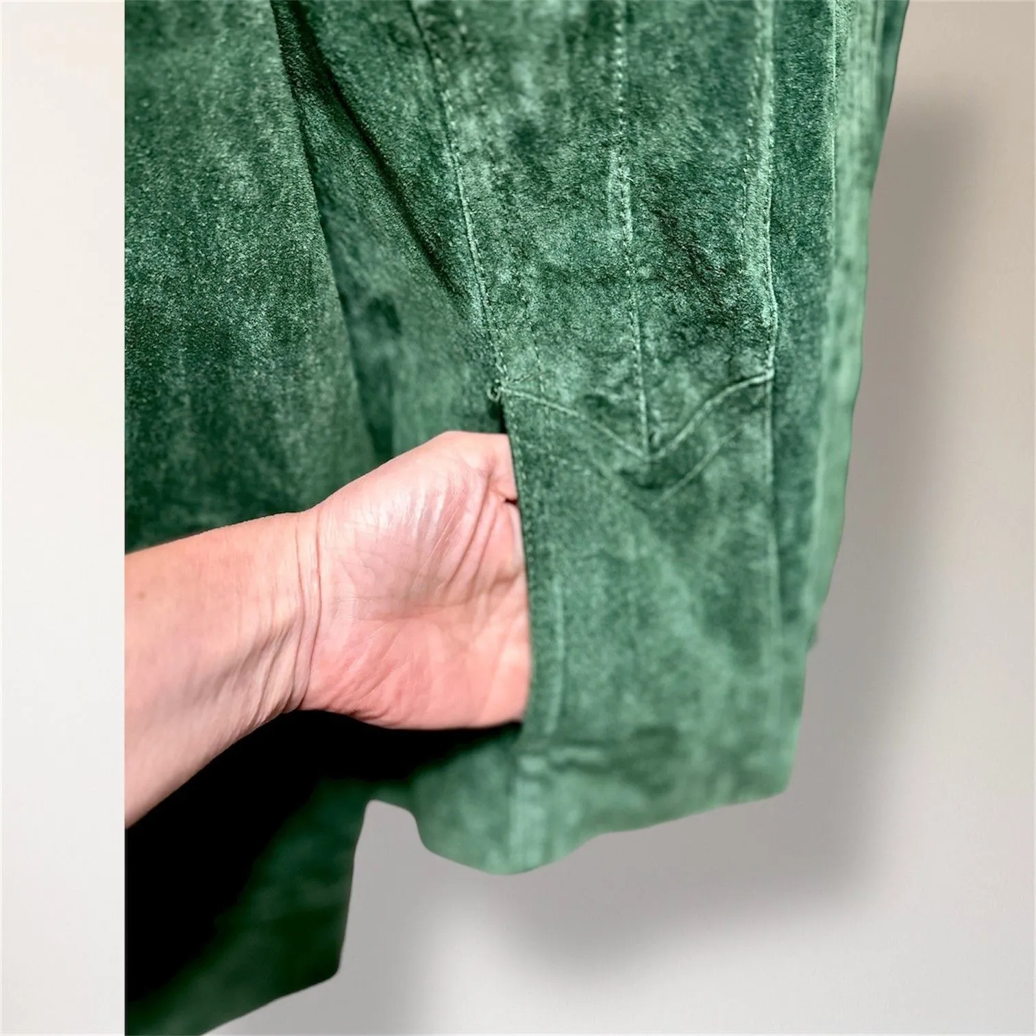 A.M.I. Green Suede Leather Jacket Zip Front Forest Wash Vintage Y2K Western Moto Size L - Image 8