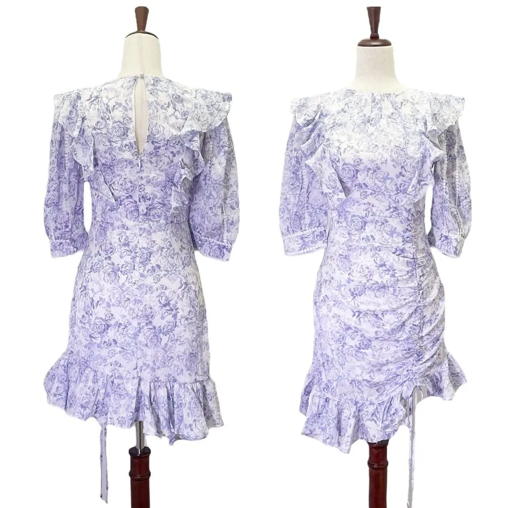 NWT Dark Pink Puff Sleeve Ruched Mini Dress in Lavender Rose Print Size 4 NEW - Image 16