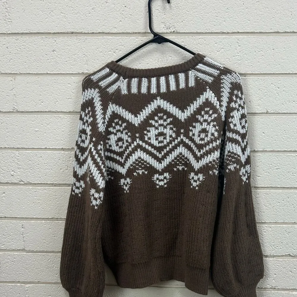Francesca's Marilyn Fairisle Pullover Brown Sweater size M - Image 8