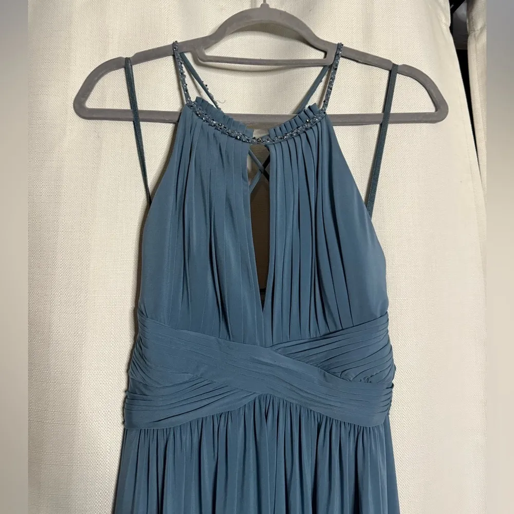 BCBGMaxAzria Blue High Neck Pleated Cross Back Maxi Dress Medium - Image 6