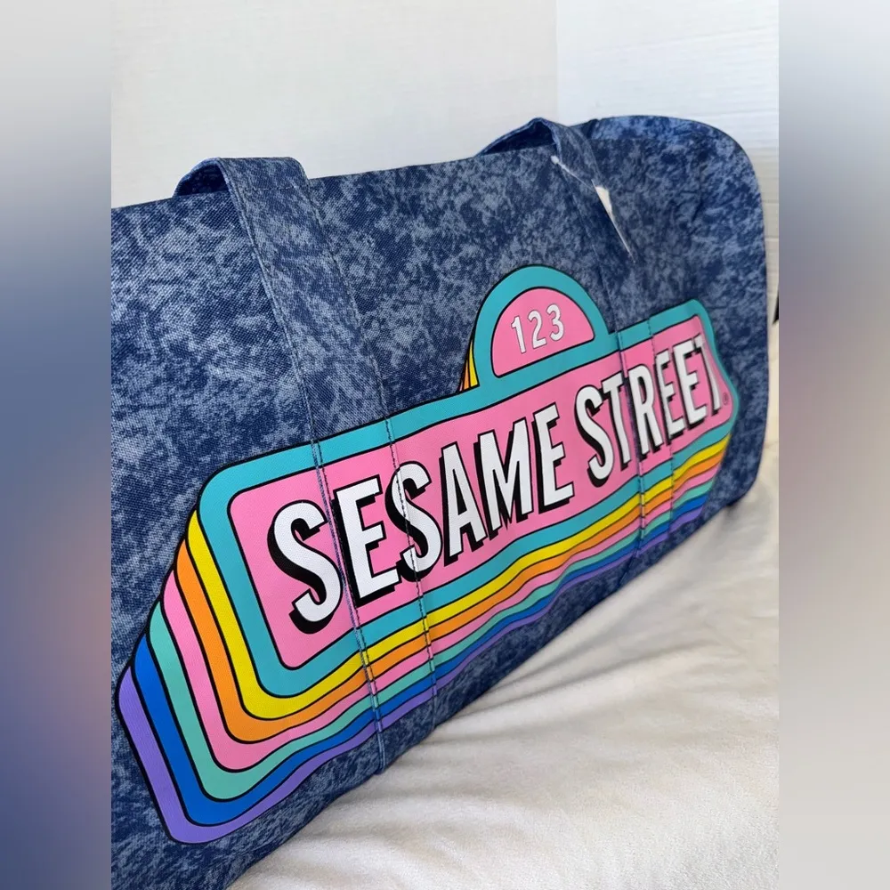 New With Tags Denim Sesame Street Blue Duffle Tote Weekender Travel Bag Luggage - Image 5