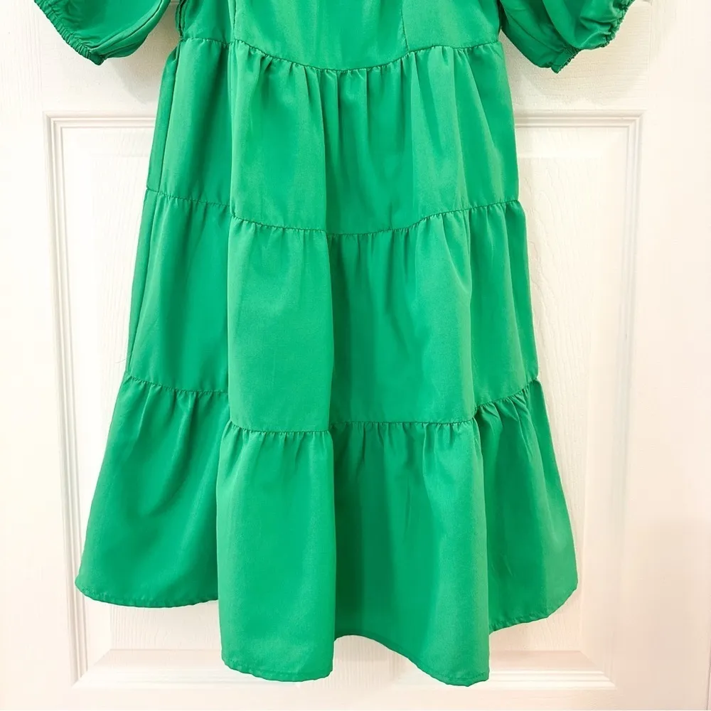 Style House Kelly Green Tiered Puff Sleeve Mini Dress sz Small - Image 7