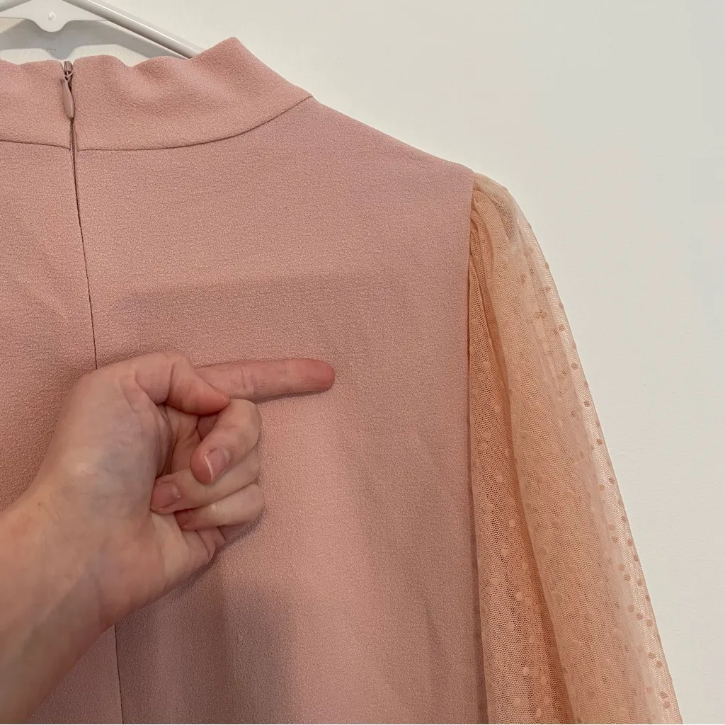 VINCE CAMUTO Mesh Dot Sleeve Knee Length Shift Dress Bow Neck Blush Pink Party - Image 15