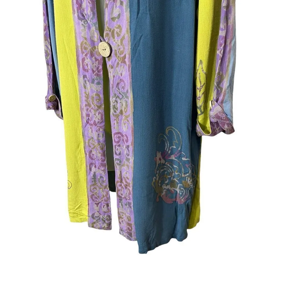 Soft Surroundings Purple Green Batik Print Rayon One Button Cardigan Blazer M - Image 6