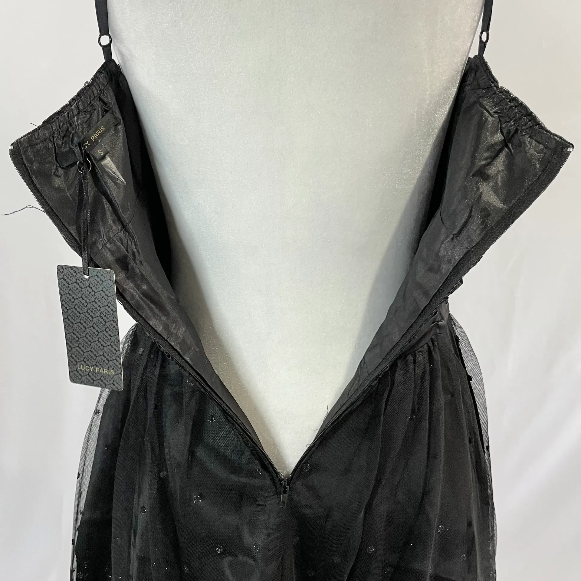 New  Glitter Polka Dot Tulle Satin Ruched Waist Dress Black - Image 16