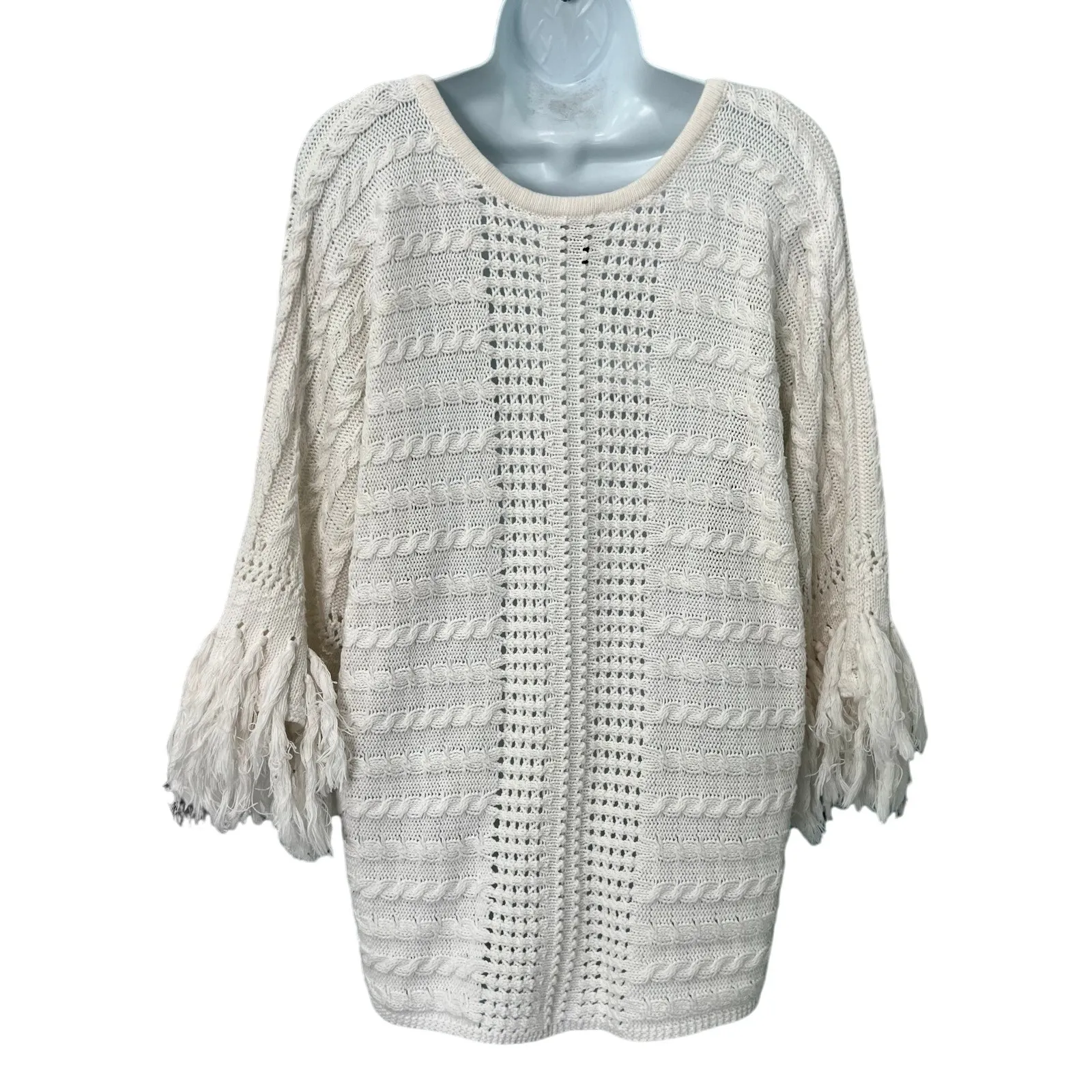 CAbi Cream Ivory Fringe Fiesta Poncho Open Knit Half Sleeve Sweater Top size M - Image 6