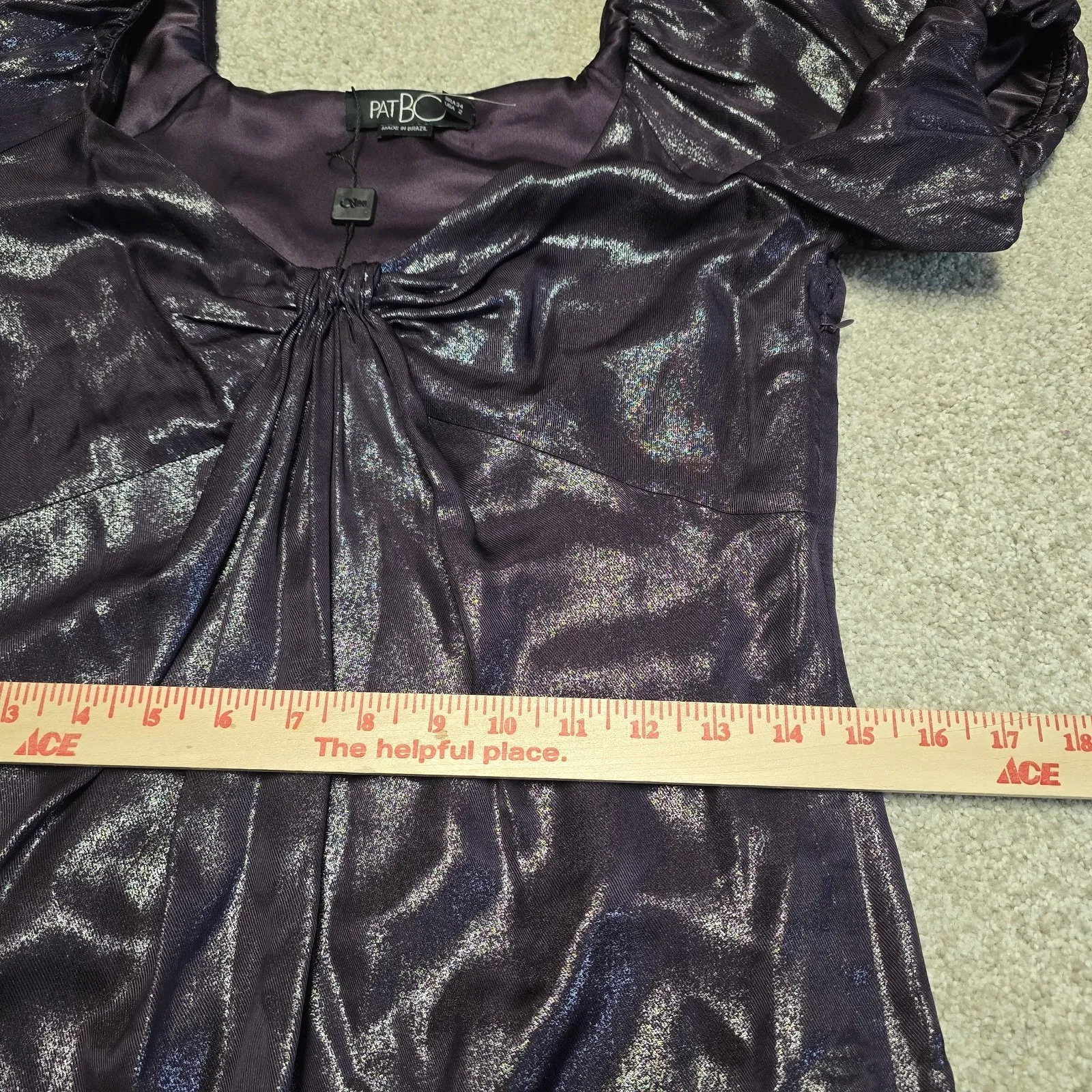 PatBO Purple‎ Metallic Ruched Mini Dress Size 2 Shimmer Puff Sleeve Whimsy Goth Purple - Image 8