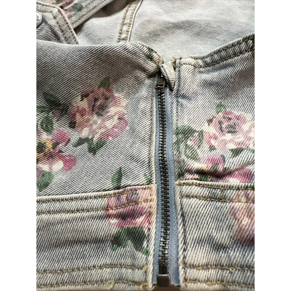 Wild Fable Denim Vest Tank Cropped Light Wash Floral Print Women's L NWT - Image 5