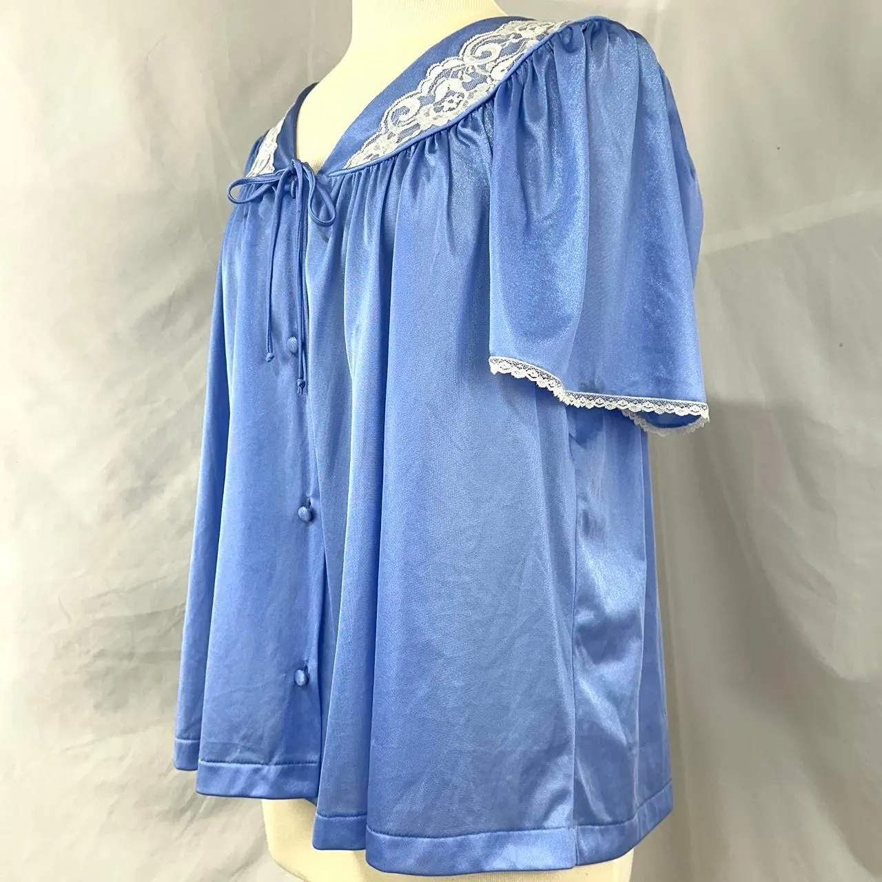 SANS SOUCI VTG 70s Blue White Lace Sleepwear Pajama Top Womens L Coquette Button - Image 3