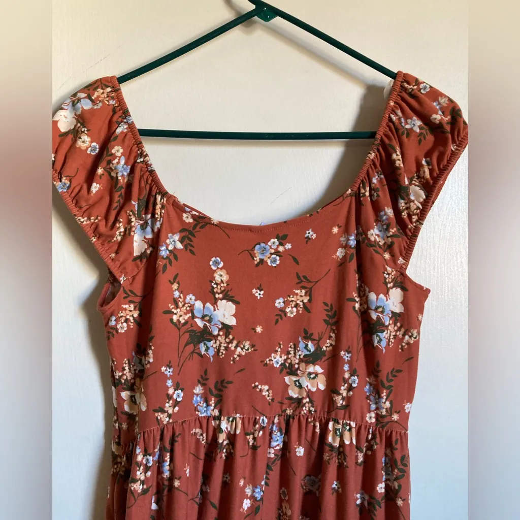 🌞No Boundaries Rusty Brown Floral Cap Sleeves High Low Midi Dress - Image 6