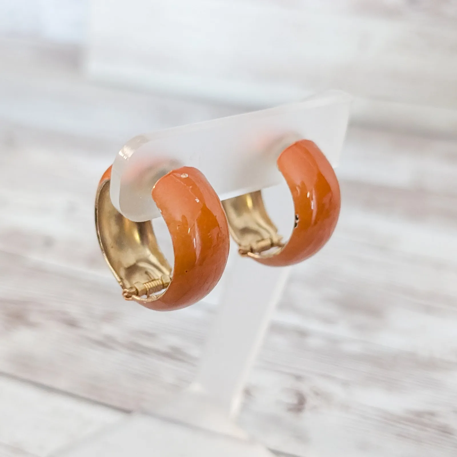 Vintage Clip On Earrings Chunky Burnt Orange Retro Hoops - Image 3